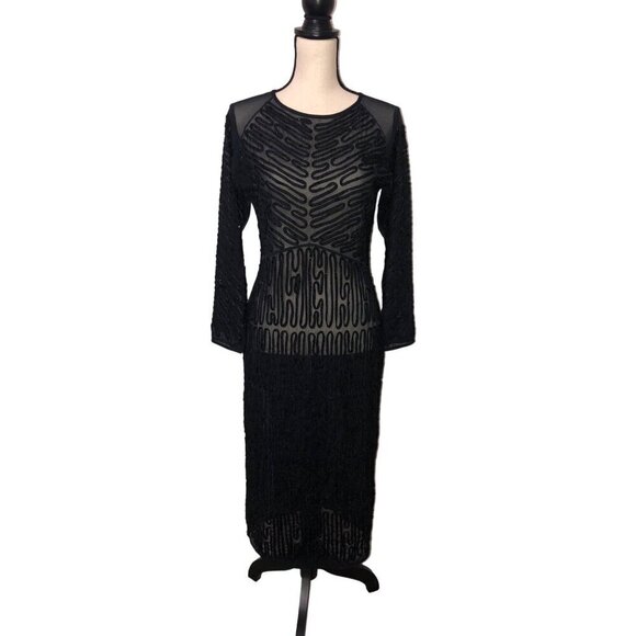 Black Beaded Sheer Mesh Dress Size M Long Sleeve Midi Sheath Goth Retro Whimsy - Picture 1 of 10